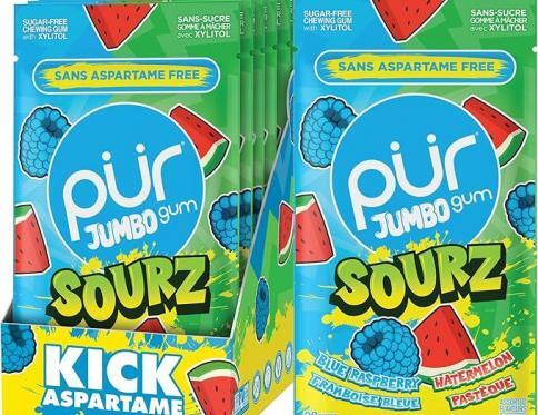PUR JUMBO SOURZ Blue Raspberry Watermelon Gum Box 10x 81g bag